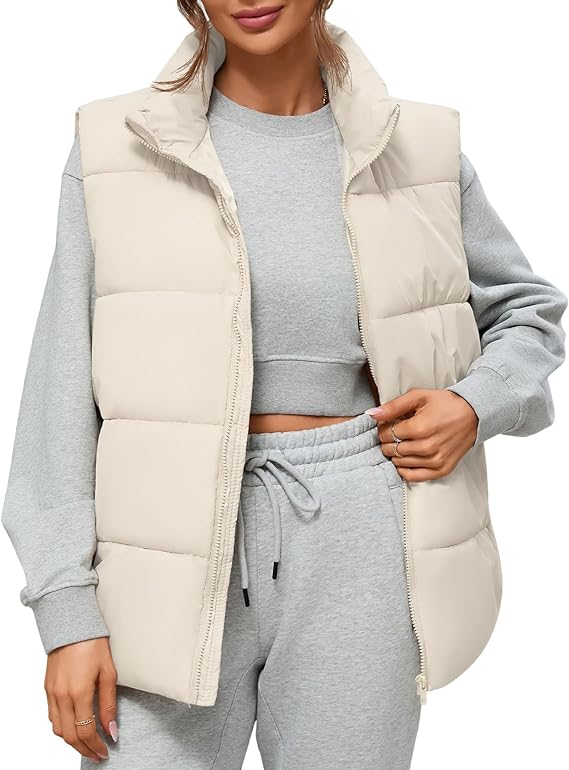 Women Outerwear Vests Sleeveless Stand Collar Oversized Zip