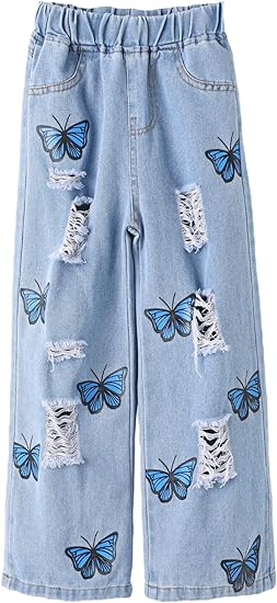 Girl Butterfly Print Elastic Waist Ripped Denim Pants