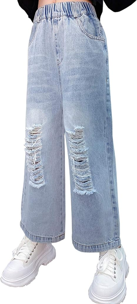 Girls Elastic Waist Ripped Washed Wide Leg Jean