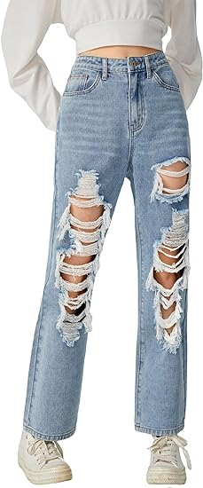 Girl Figure Graphic Print High Waist Ripped Jeans Casual