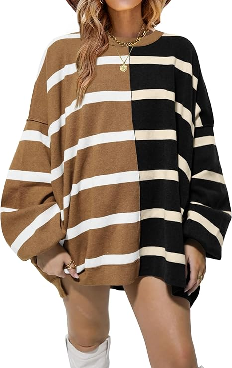 Womens Striped Pullover Sweater Crew Neck Long Sweaters
