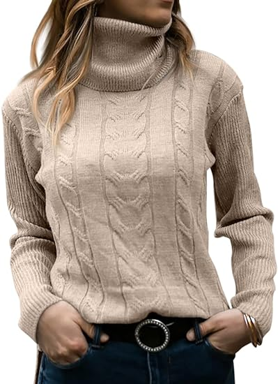 Women Turtleneck Long Sleeve Cable Knit Sweaters