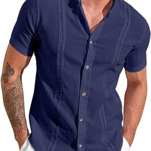 Mens Casual Linen Short Sleeve Shirts Summer Beach Tops