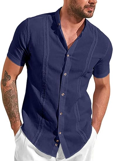 Mens Casual Linen Short Sleeve Shirts Summer Beach Tops