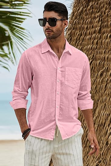 Mens Cotton Linen Casual Stylish Button Long Sleeve Shirts