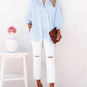 Womens Smocked Cuffed Striped Boyfriend Shirt