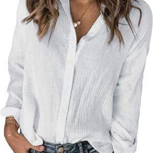 Womens Long Sleeve Button Down Cotton Linen Blouse