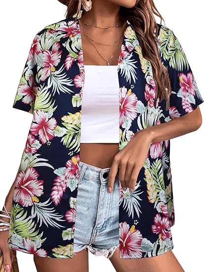 Women Tropical Floral V Neck Button Up Tshirt