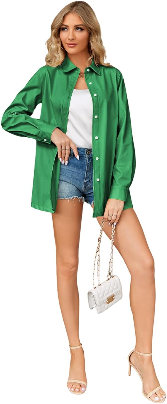 Jacket Women Faux Leather Long Sleeve Coat Button Down Shirt
