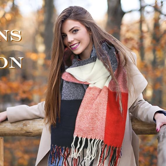 Womens Fashion Long Plaid Shawls Wraps Warm Scarf - Image 4