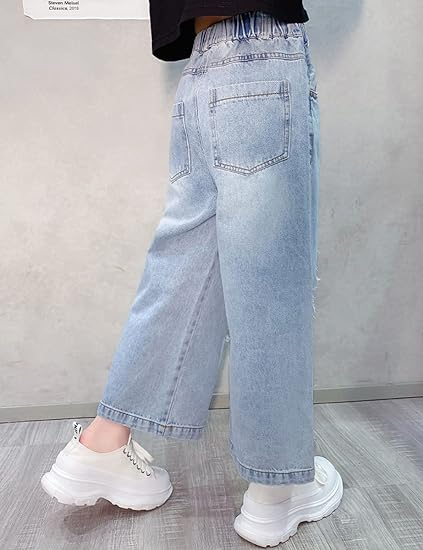 Girls Elastic Waist Ripped Washed Wide Leg Jean - Image 6