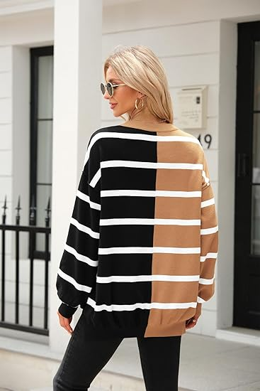 Womens Striped Pullover Sweater Crew Neck Long Sweaters - Image 2