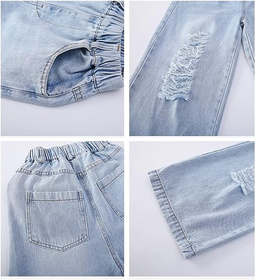 Girls Elastic Waist Ripped Washed Wide Leg Jean - Image 3